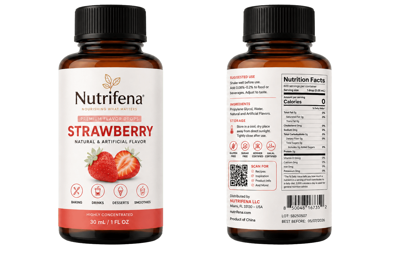 Front and back views of Nutrifena Strawberry Flavor Drops 30 mL bottles