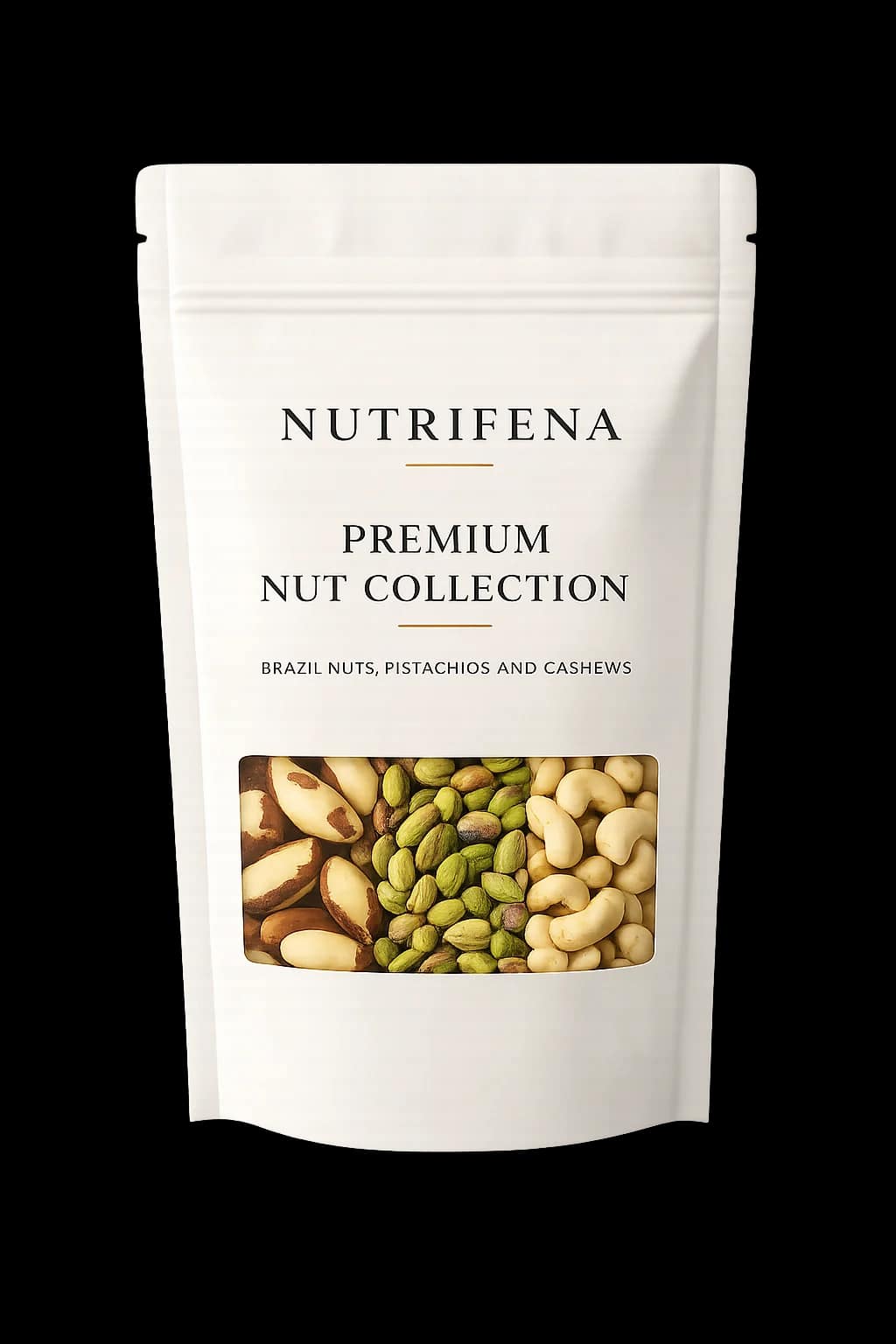 Nutrifena Premium Nut Collection with three resealable pouches of Brazil nuts, pistachios and cashews