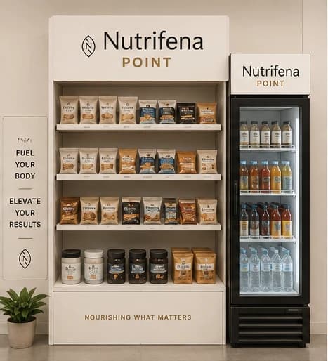 Front view of a stocked Nutrifena Point display and beverage refrigerator