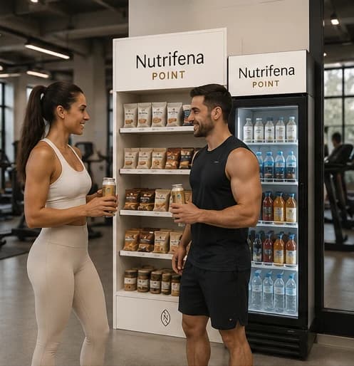 Gym members enjoying drinks beside a Nutrifena Point