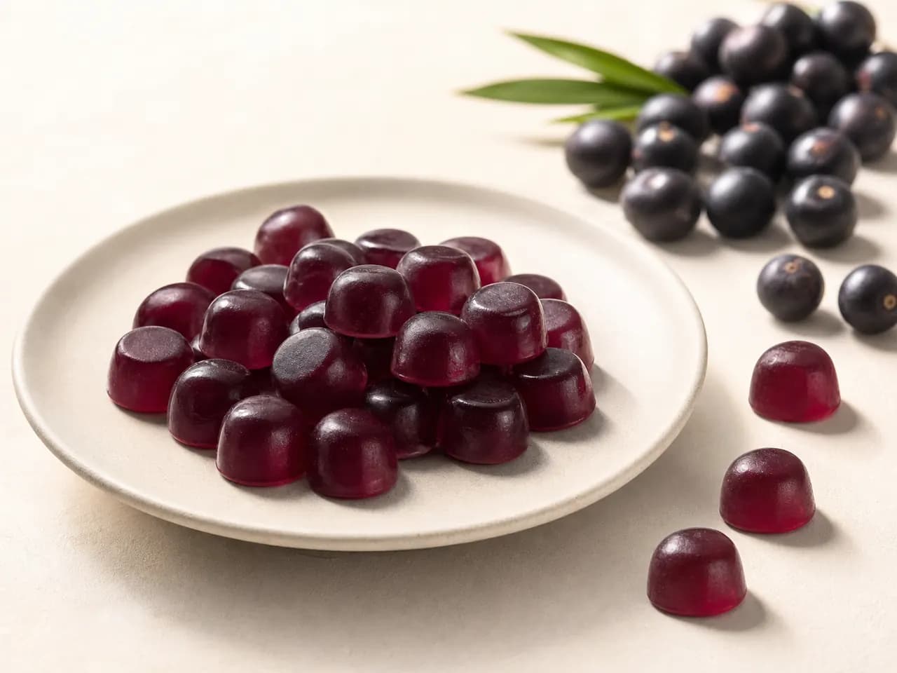 Finished translucent purple and ruby açaí berry gummy candies