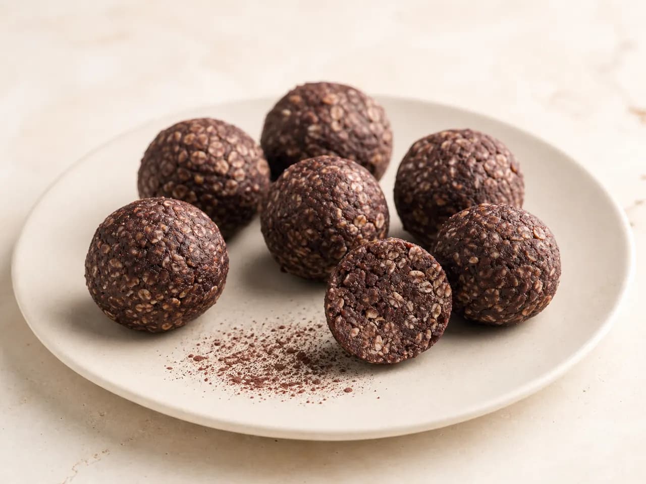 Finished cocoa and açaí oat snack bites with one bite cut open