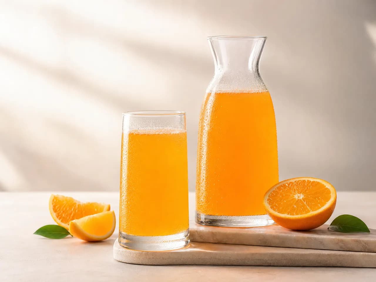 Finished orange citrus beverage in a clear glass and carafe