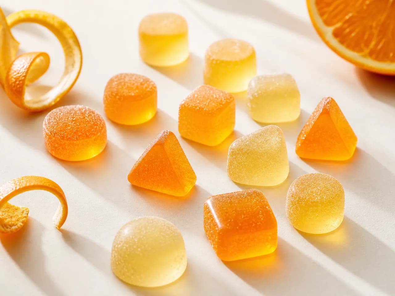 Finished translucent orange and pale-gold citrus gummy candies