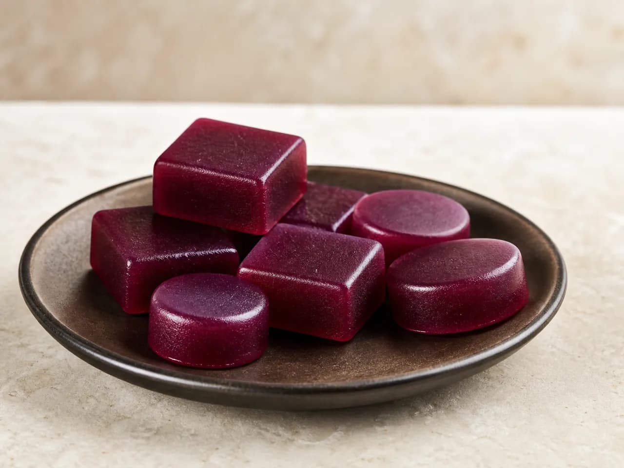 Finished deep-berry gummy pieces on a dark ceramic plate