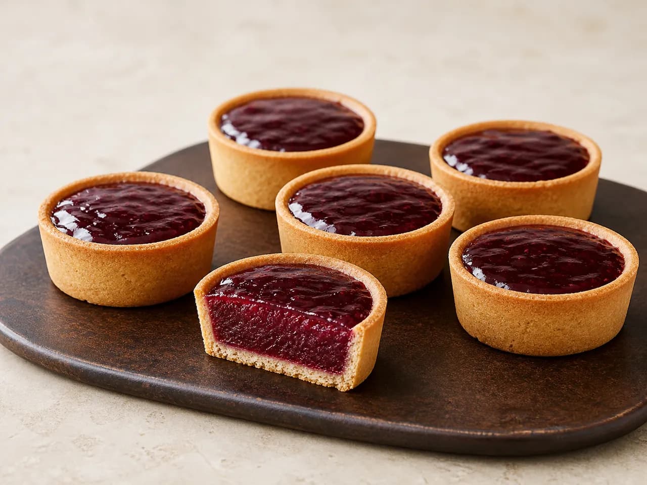 Finished berry-filled bakery tartlets with one tartlet cut open