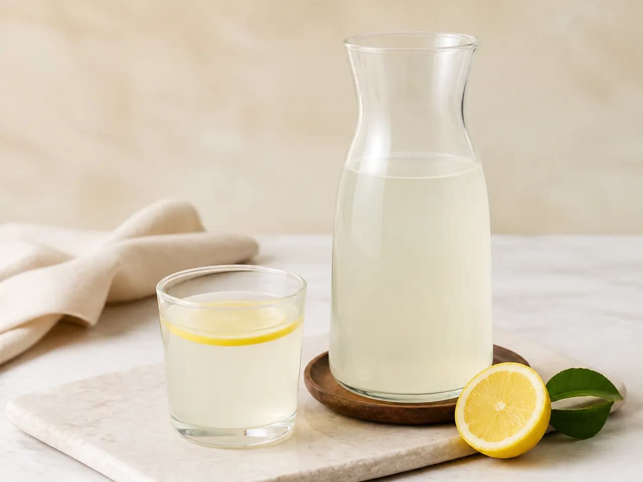 Finished pale lemon beverage in a glass and carafe