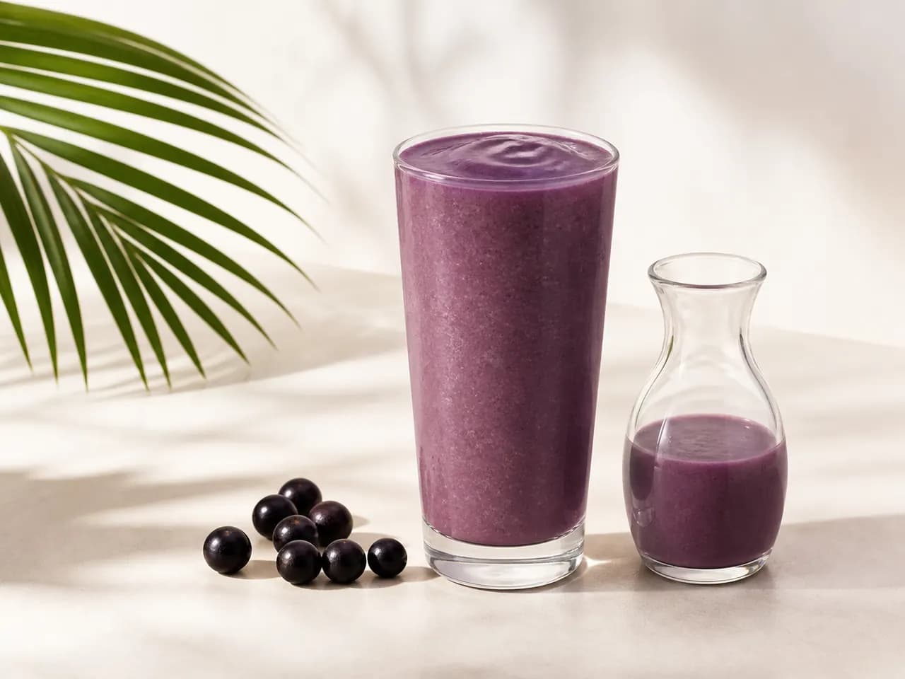 Finished creamy purple açaí smoothie in a tall glass and carafe