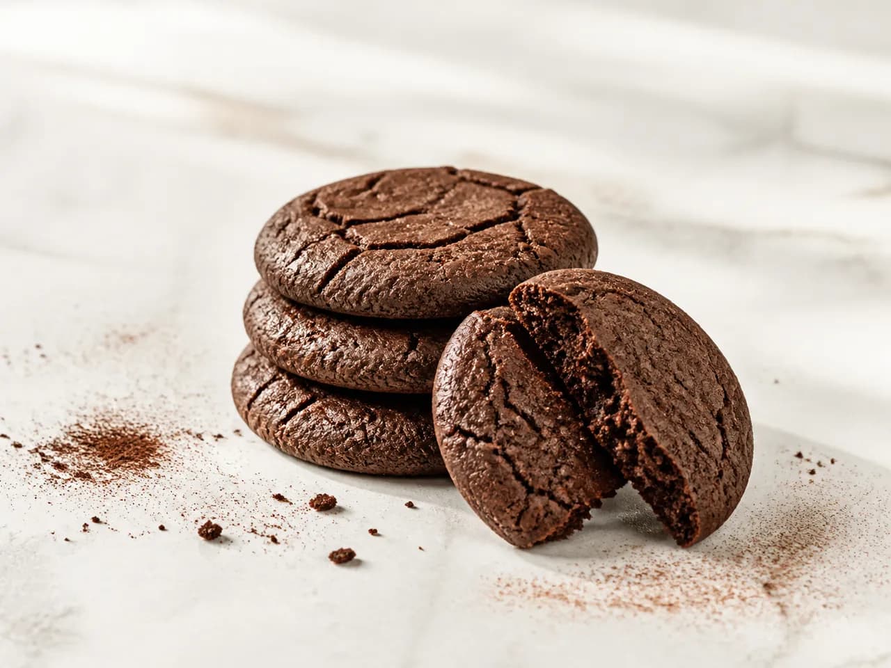 Finished gluten-free cocoa cookies with one cookie broken open