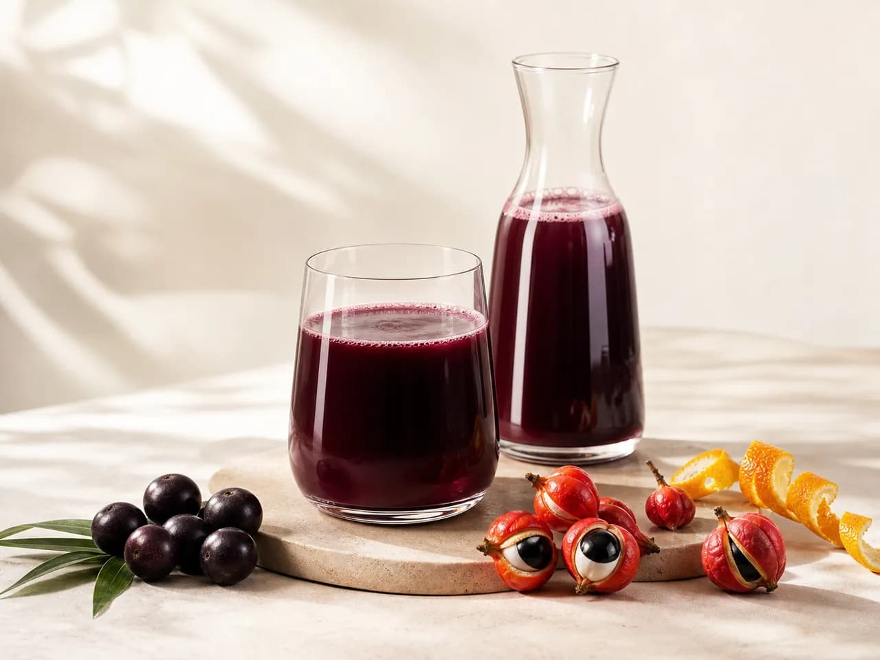 Finished deep ruby-purple açaí and guaraná beverage in a glass and carafe
