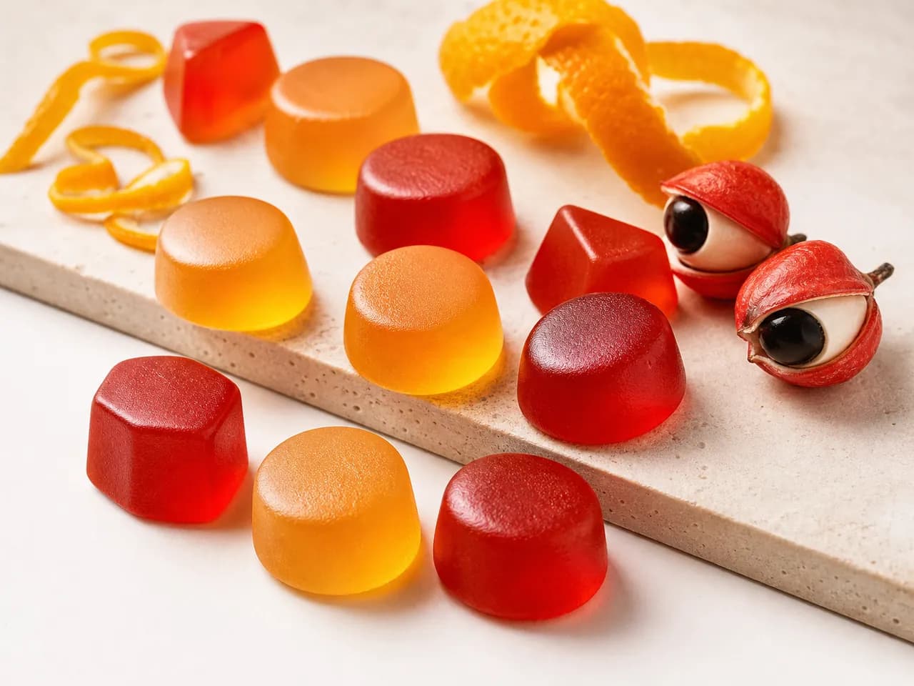 Finished translucent red and orange citrus guaraná gummies