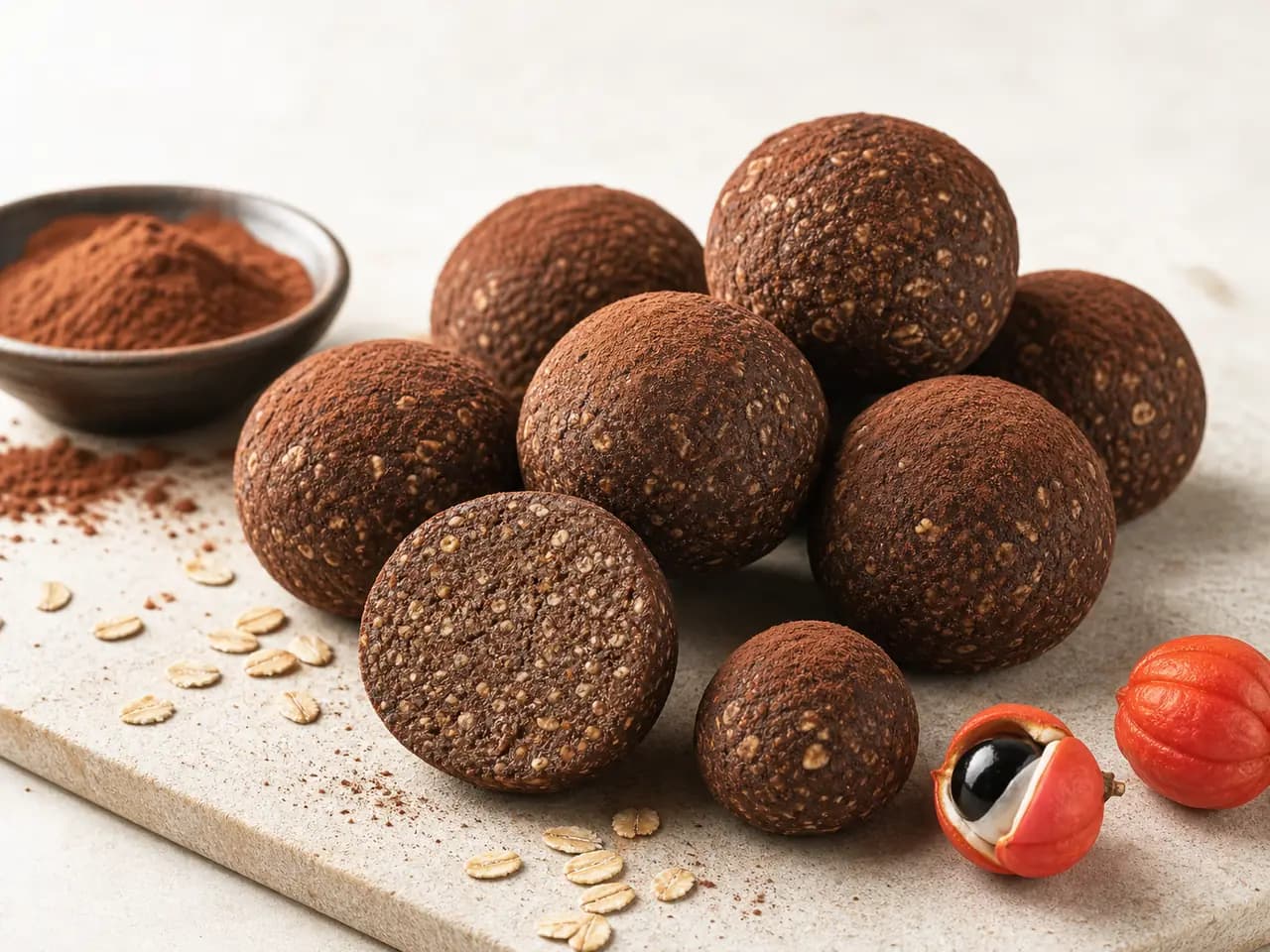 Finished cocoa and guaraná oat snack bites with one bite cut open