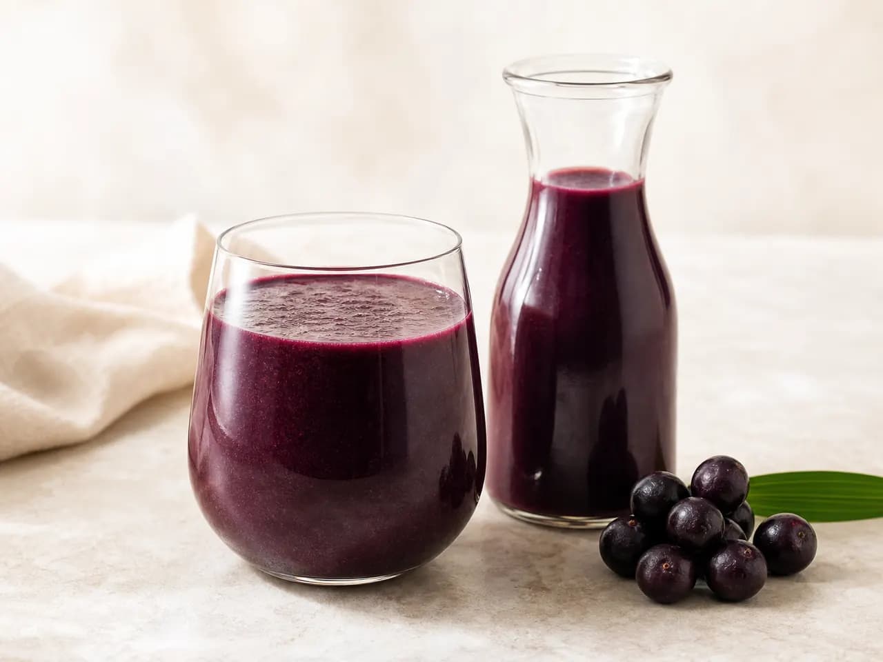 Finished deep-purple açaí beverage in a glass and carafe
