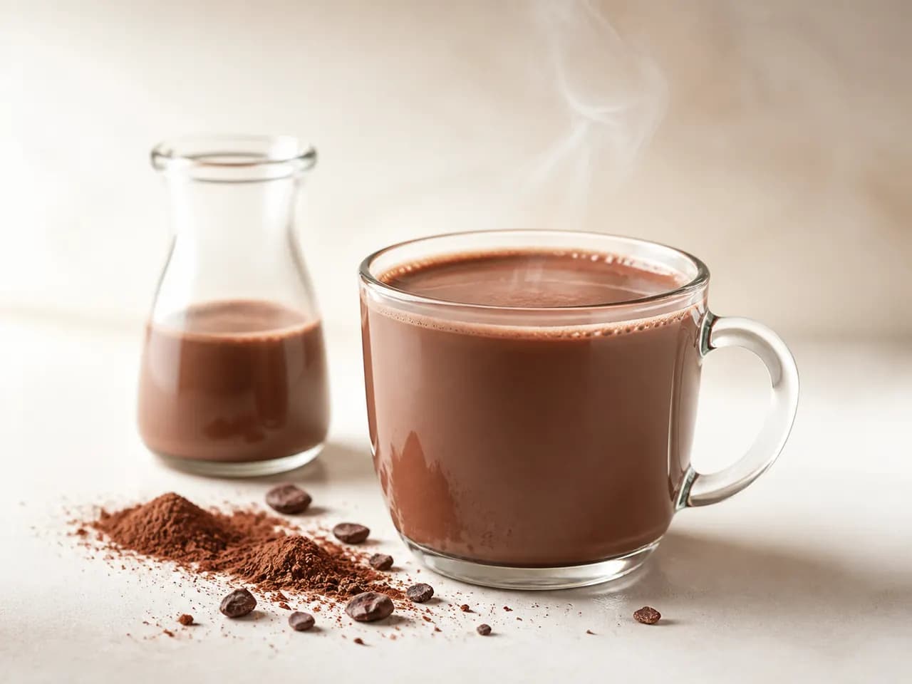 Finished instant cocoa beverage in a clear glass mug