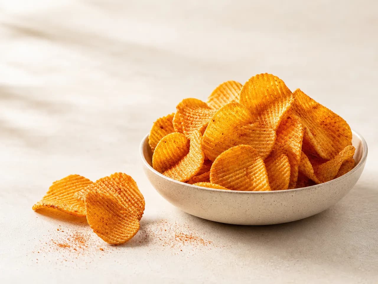Finished ridged potato chips coated with barbecue seasoning
