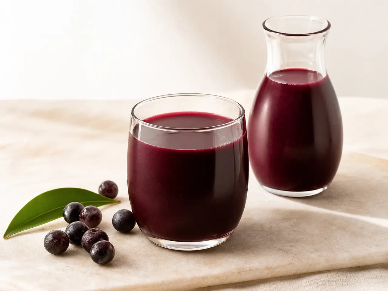 Finished deep ruby-purple açaí beverage in a glass and carafe