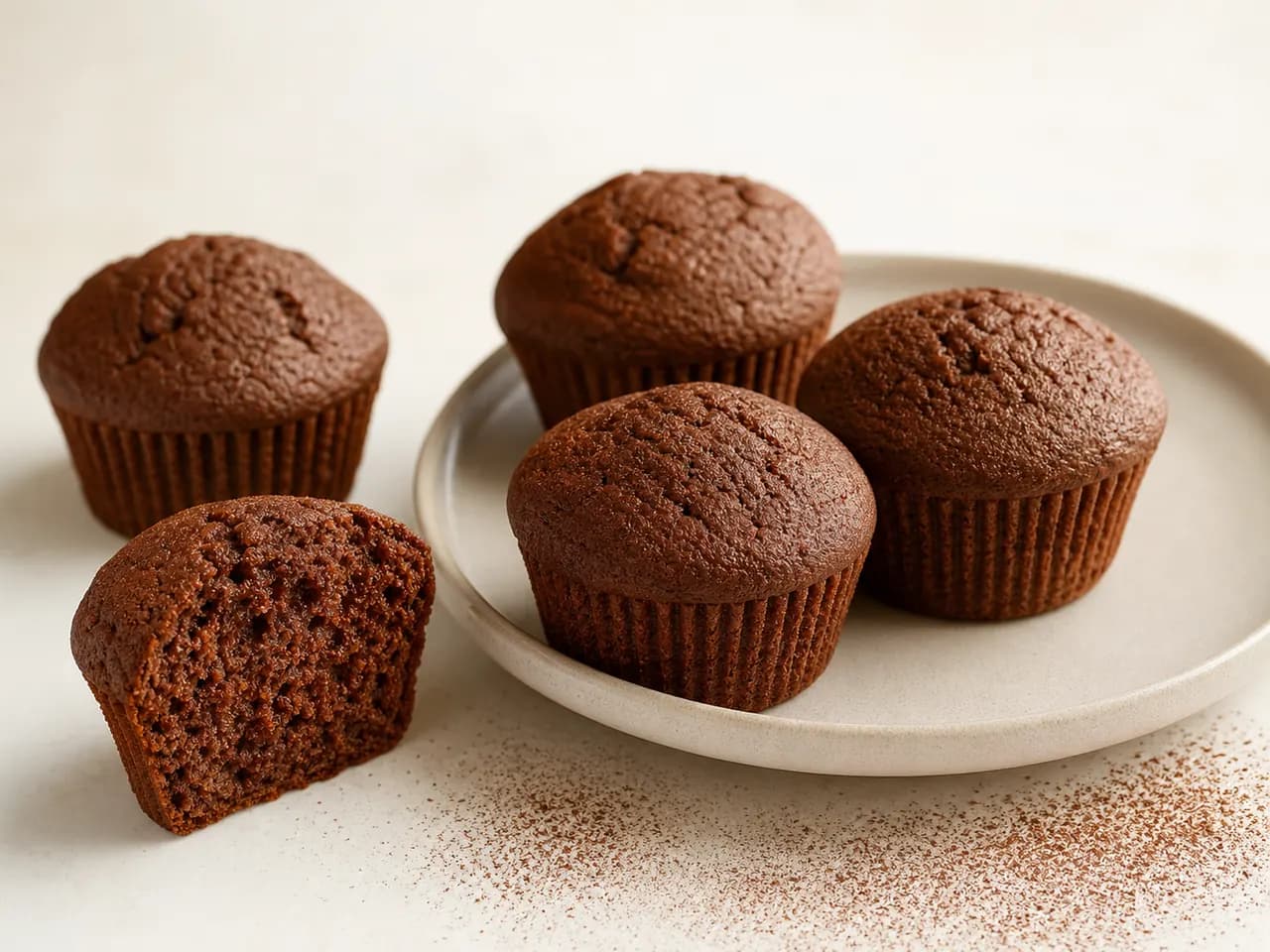 Finished reduced-sugar cocoa muffins with one muffin cut open