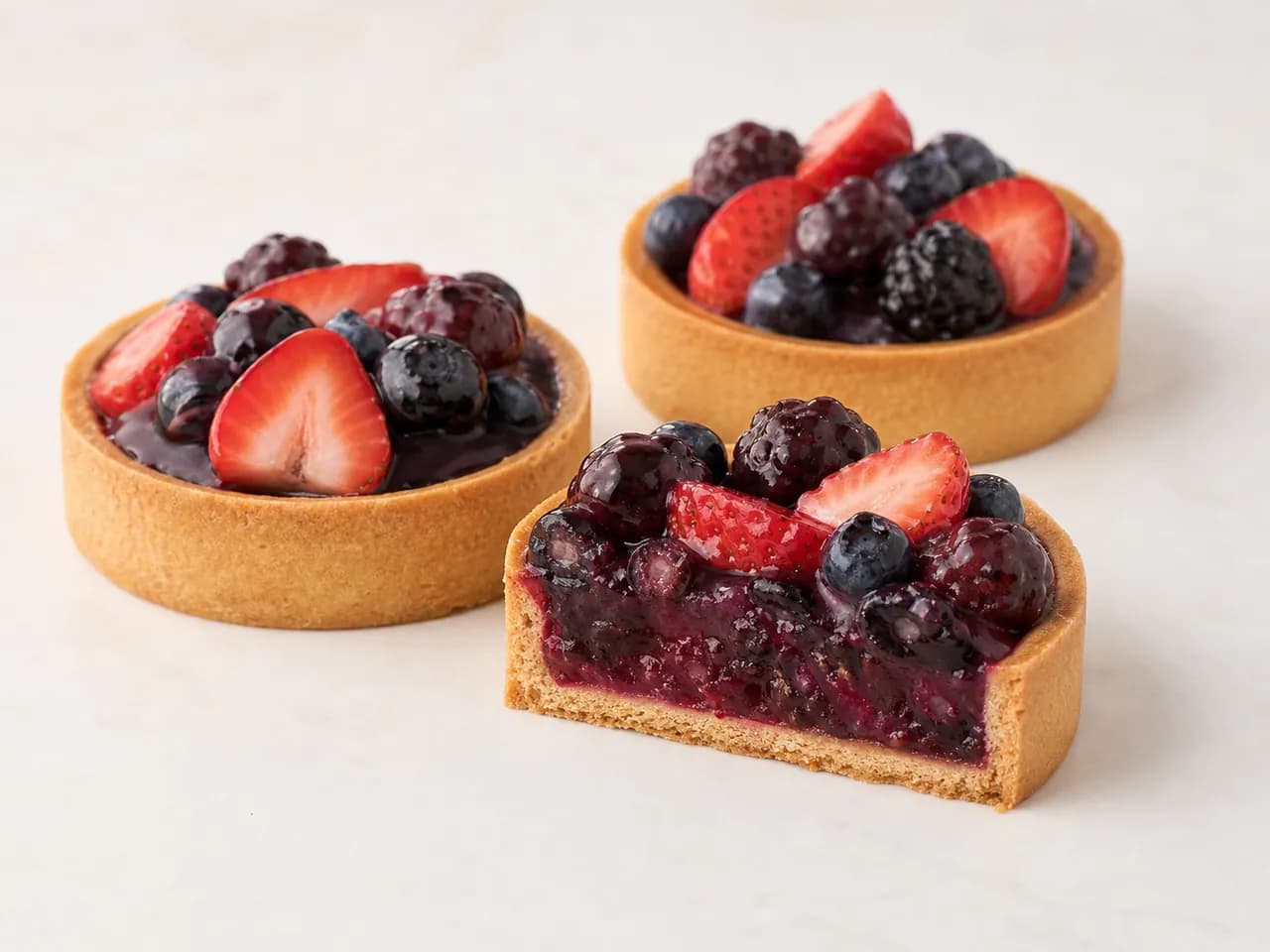 Finished berry tartlets made with a tapioca starch cook-up filling base
