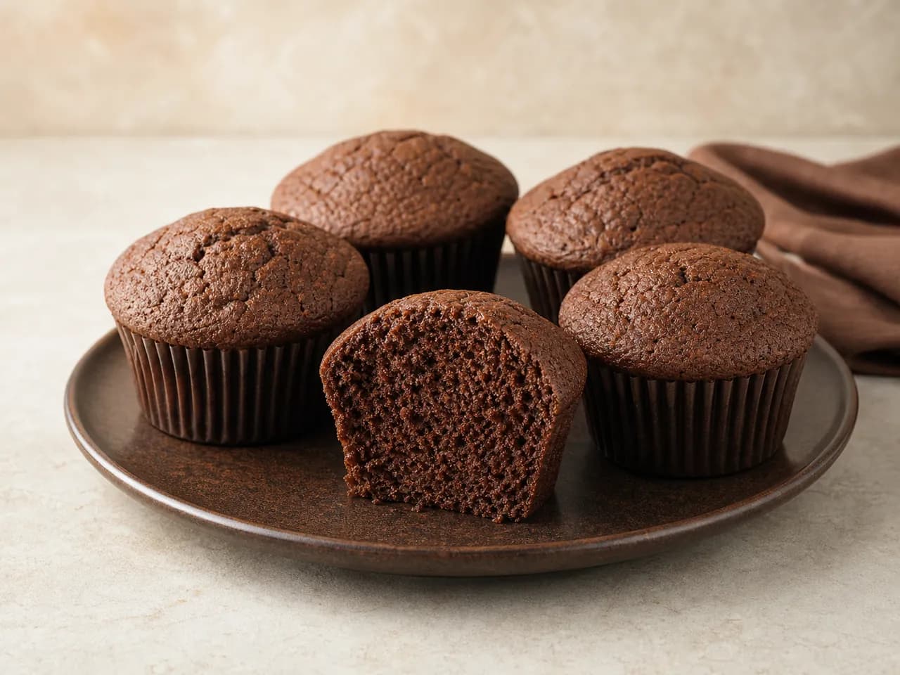 Finished gluten-free cocoa muffins with one muffin cut open